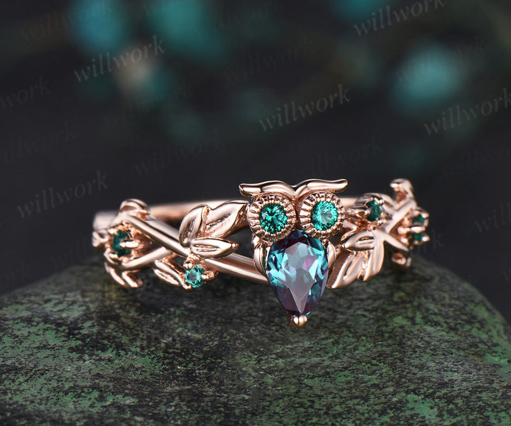 Pear alexandrite Owl Engagement Ring 14k Gold Branch Leaf emerald Wedding Ring Nature Inspired Ring Birthday Gift for Owl Lover