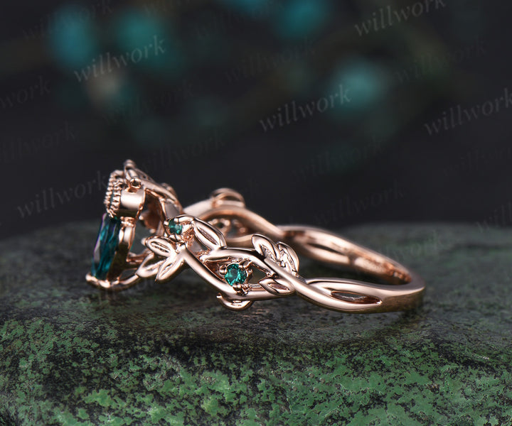 Pear alexandrite Owl Engagement Ring 14k Gold Branch Leaf emerald Wedding Ring Nature Inspired Ring Birthday Gift for Owl Lover