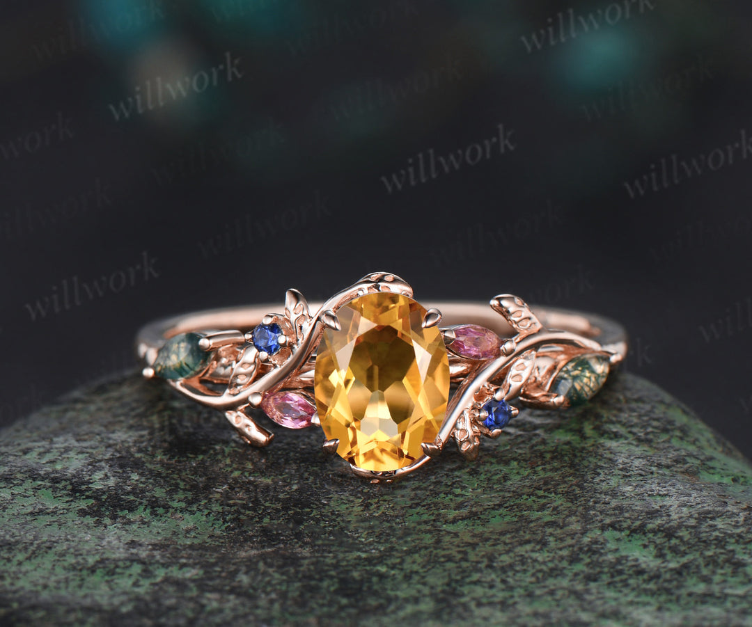 Oval cut Citrine engagement ring yellow gold leaf branch moss agate sapphire Pink tourmaline ring vintage unique anniversary gift