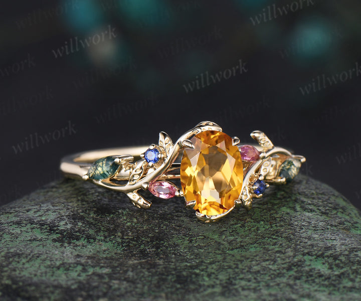 Oval cut Citrine engagement ring yellow gold leaf branch moss agate sapphire Pink tourmaline ring vintage unique anniversary gift