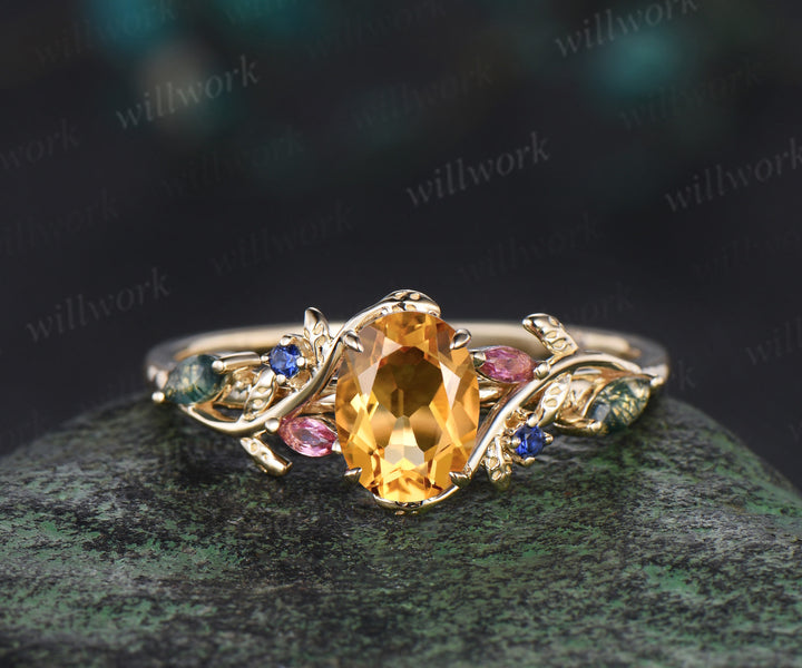 Oval cut Citrine engagement ring yellow gold leaf branch moss agate sapphire Pink tourmaline ring vintage unique anniversary gift