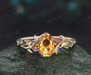 Oval cut Citrine engagement ring yellow gold leaf branch moss agate sapphire Pink tourmaline ring vintage unique anniversary gift