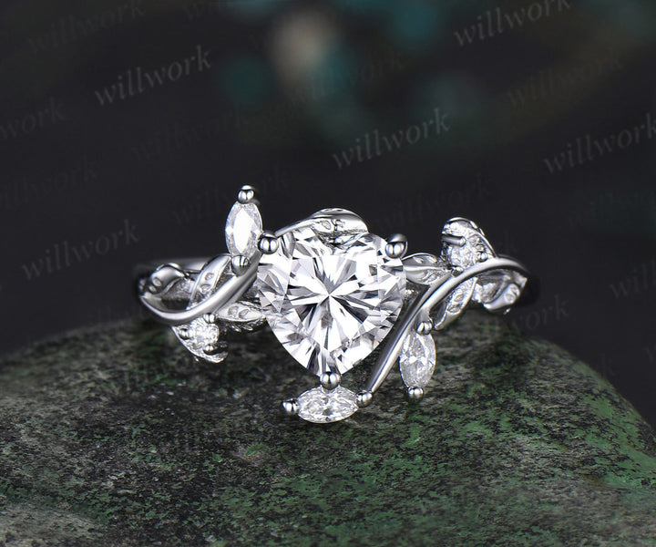 Vintage heart moissanite engagement ring white gold twig leaf Nature inspired marquise diamond anniversary ring women gift