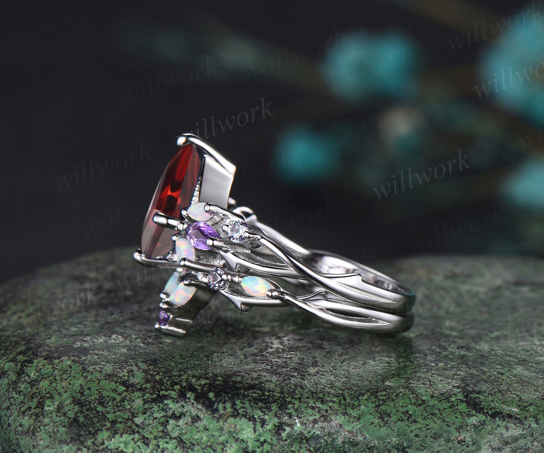 Vintage Kite Red Ruby Engagement Ring Set White Gold Vines alexandrite Amethyst Opal Ring Women Bridal Set Unique Twig Anniversary Promise Ring Gift