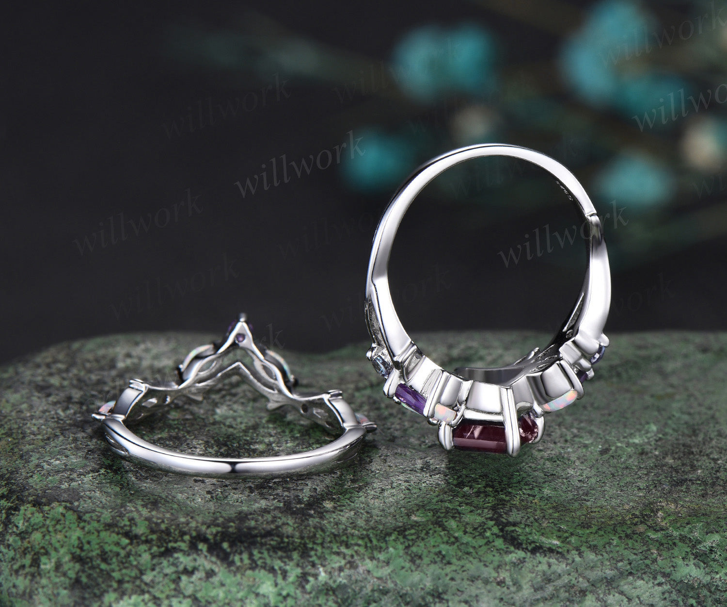 Vintage Kite Red Ruby Engagement Ring Set White Gold Vines