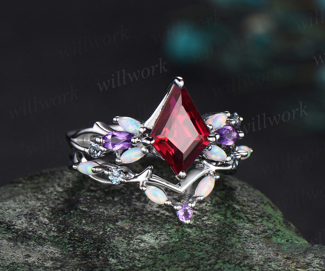 Vintage Kite Red Ruby Engagement Ring Set White Gold Vines alexandrite Amethyst Opal Ring Women Bridal Set Unique Twig Anniversary Promise Ring Gift