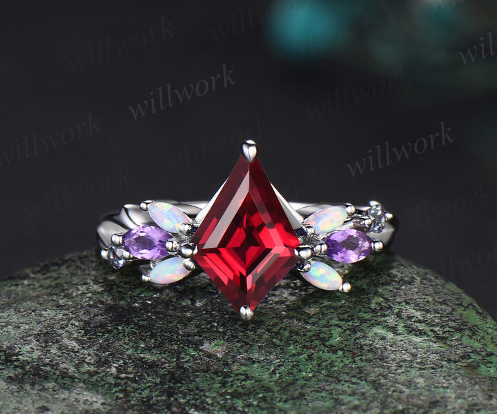 Vintage Kite Red Ruby Engagement Ring Set White Gold Vines alexandrite Amethyst Opal Ring Women Bridal Set Unique Twig Anniversary Promise Ring Gift