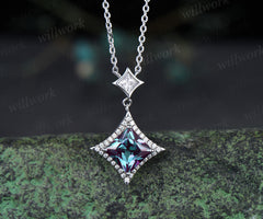 Princess Cut alexandrite diamond Halo Pendant Necklace Solid 14k White Gold Square Shape Drop Necklace