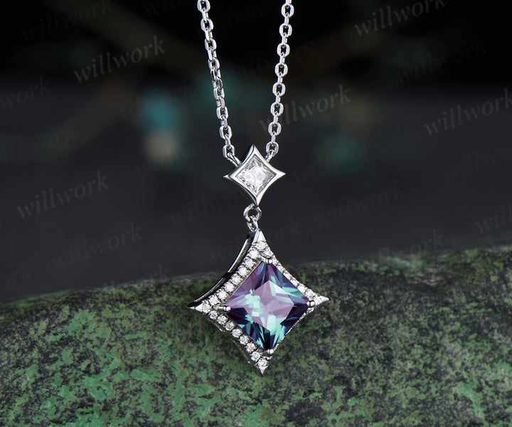 Princess Cut alexandrite diamond Halo Pendant Necklace Solid 14k White Gold Square Shape Drop Necklace