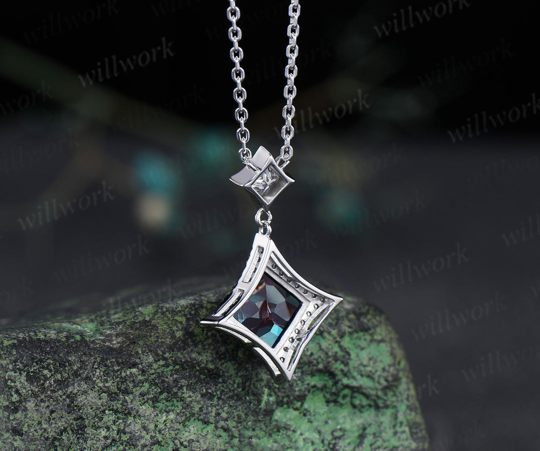 Princess Cut alexandrite diamond Halo Pendant Necklace Solid 14k White Gold Square Shape Drop Necklace