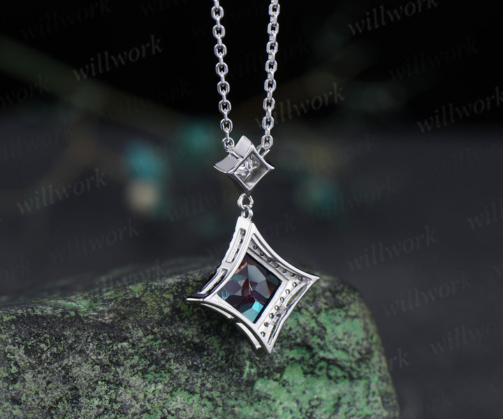 Princess Cut alexandrite diamond Halo Pendant Necklace Solid 14k White Gold Square Shape Drop Necklace