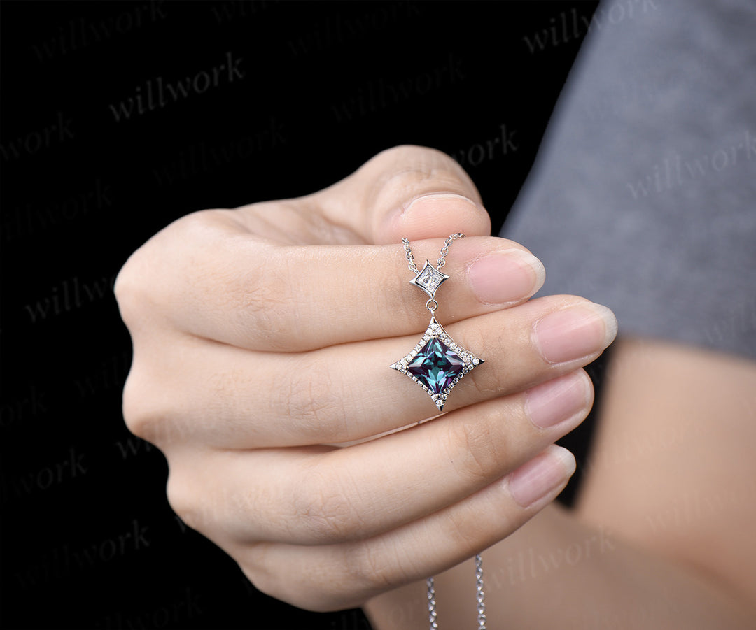 Princess Cut alexandrite diamond Halo Pendant Necklace Solid 14k White Gold Square Shape Drop Necklace