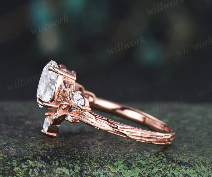 Vintage oval cut Lab grown diamond engagement ring 14k rose gold leaf branch art deco promise ring