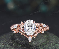 Vintage oval cut Lab grown diamond engagement ring 14k rose gold leaf branch art deco promise ring