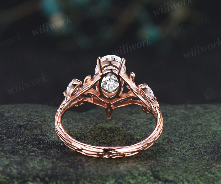 Vintage oval cut Lab grown diamond engagement ring 14k rose gold leaf branch art deco promise ring