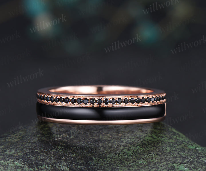 Long Hexagon Black Onyx Bridal Ring Set & Full Eternity Black Onyx Black Spinels Men Ring Classic Couple Ring Set