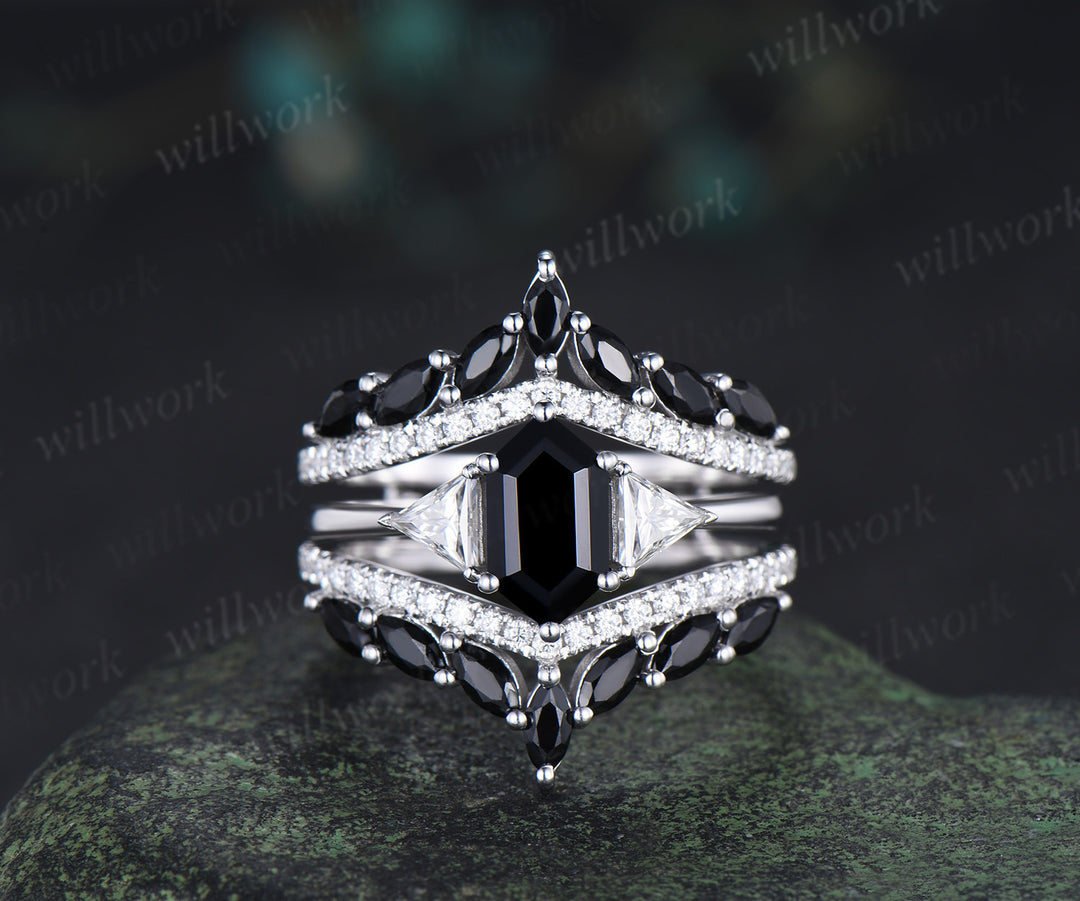 Long Hexagon Black Onyx Bridal Ring Set & Full Eternity Black Onyx Black Spinels Men Ring Classic Couple Ring Set