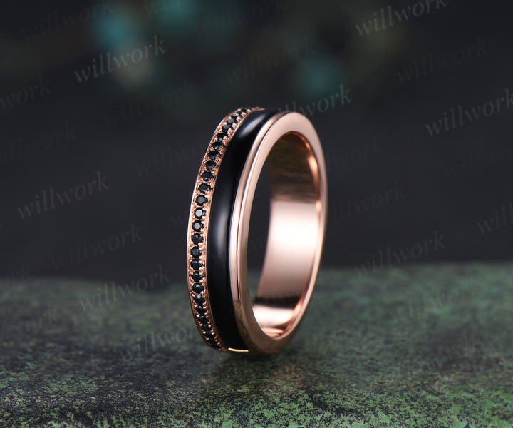 Long Hexagon Black Onyx Bridal Ring Set & Full Eternity Black Onyx Black Spinels Men Ring Classic Couple Ring Set