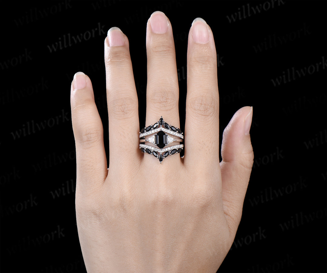 Long Hexagon Black Onyx Bridal Ring Set & Full Eternity Black Onyx Black Spinels Men Ring Classic Couple Ring Set