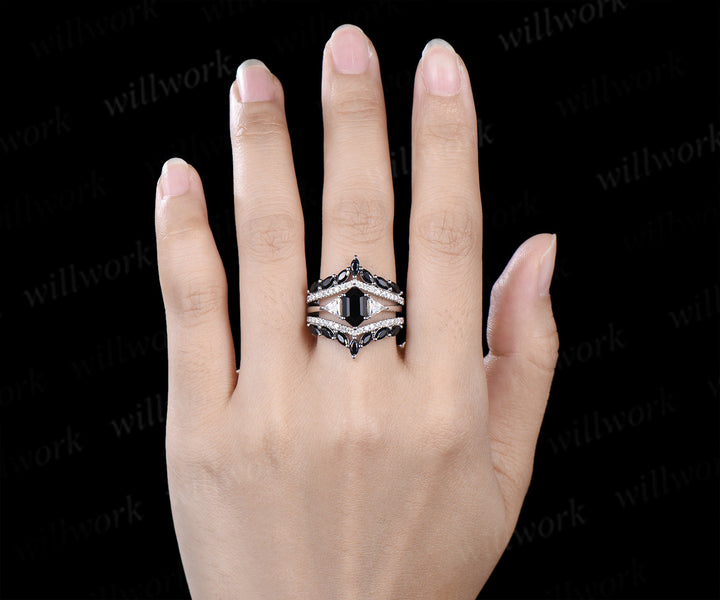 Long Hexagon Black Onyx Bridal Ring Set & Full Eternity Black Onyx Black Spinels Men Ring Classic Couple Ring Set