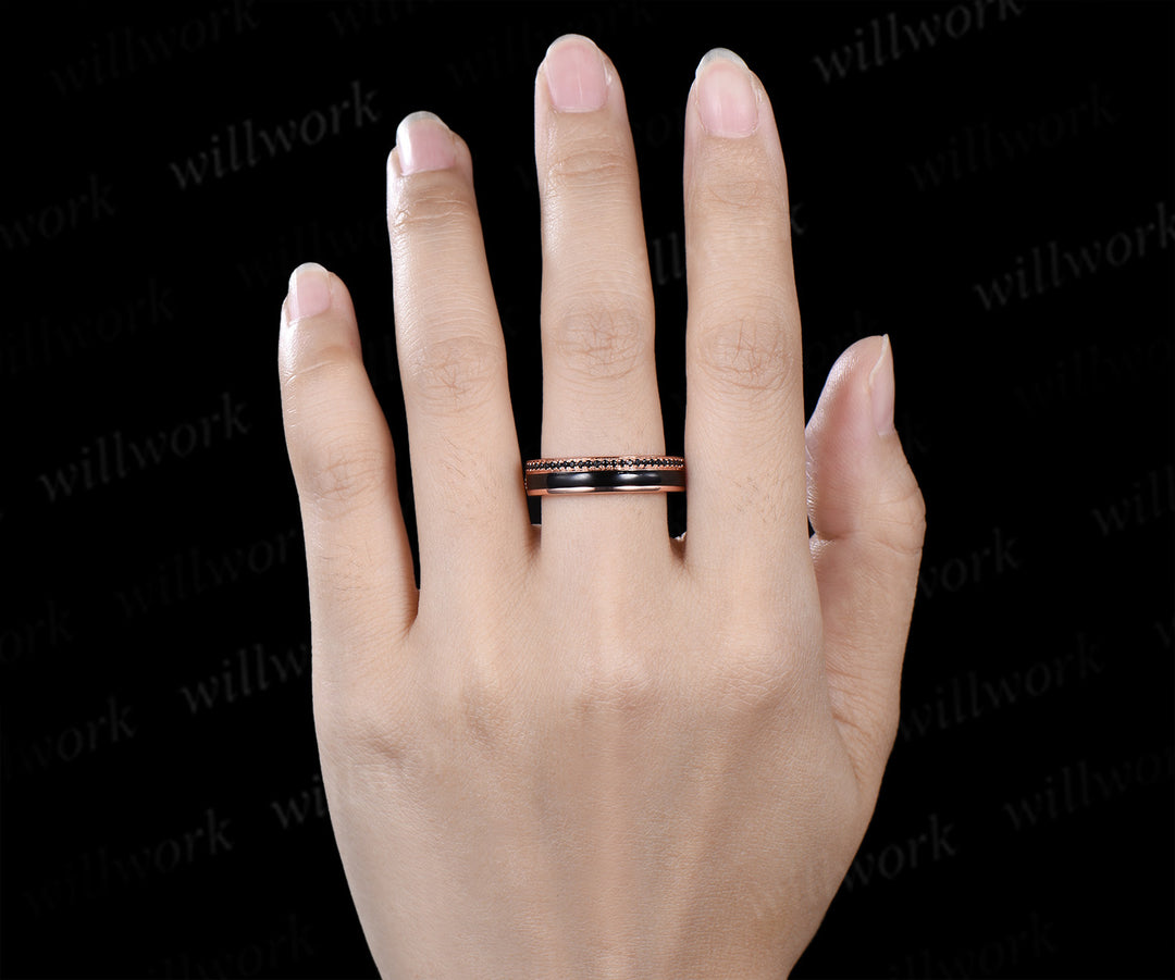 Long Hexagon Black Onyx Bridal Ring Set & Full Eternity Black Onyx Black Spinels Men Ring Classic Couple Ring Set