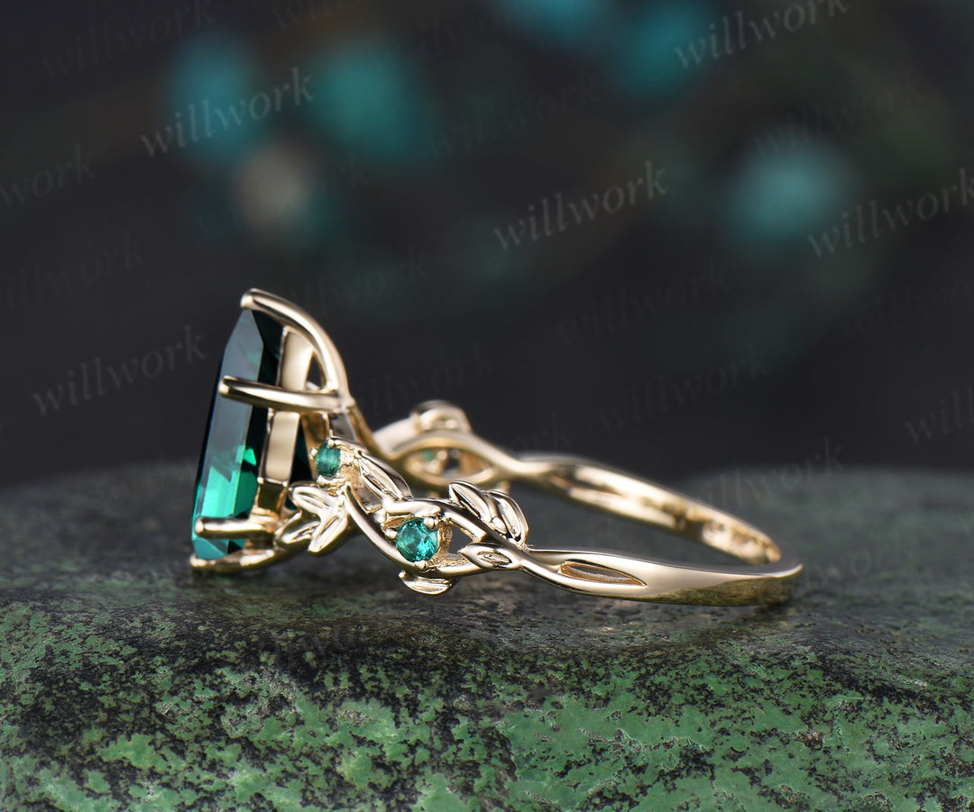 Kite cut green emerald Engagement Ring yellow gold leaf vine five stone emerald Nature Inspired anniversary ring gift women