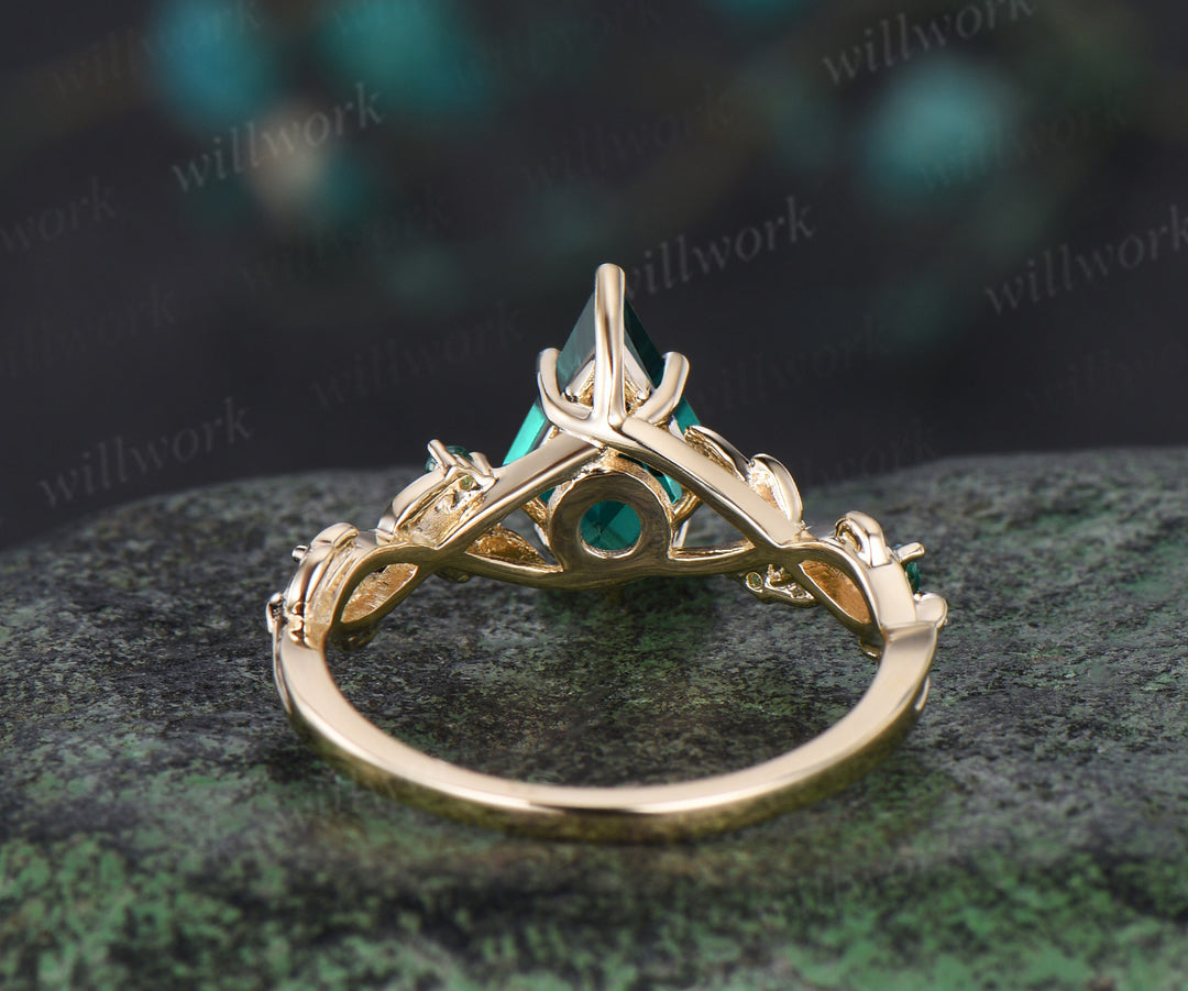 Kite cut green emerald Engagement Ring yellow gold leaf vine five stone emerald Nature Inspired anniversary ring gift women