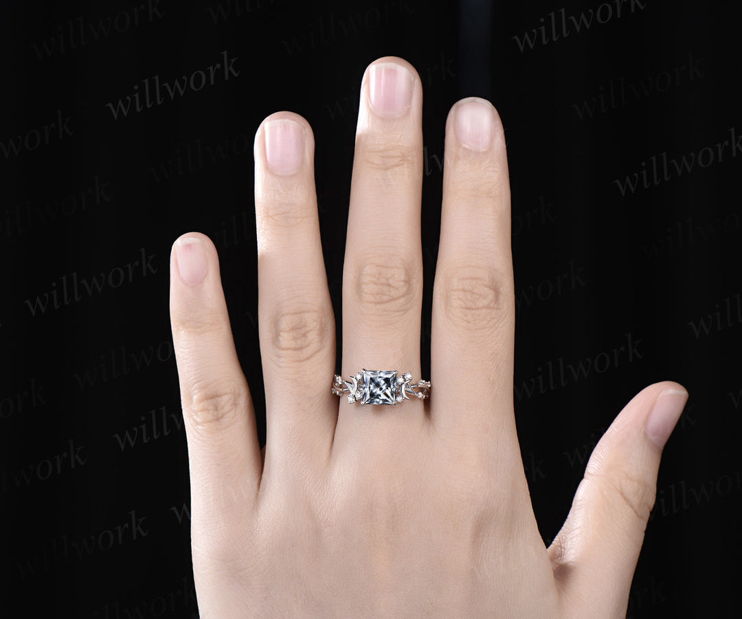 Princess cut gray moissanite ring vintage white gold diamond unique vine branch moon engagement ring infinity promise anniversary ring women gift