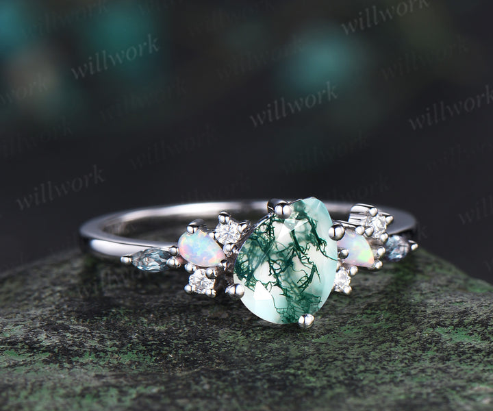 Pear cut moss agate ring vintage white gold cluster opal alexandrite ring women dainty unique engagement ring anniversary gift jewelry