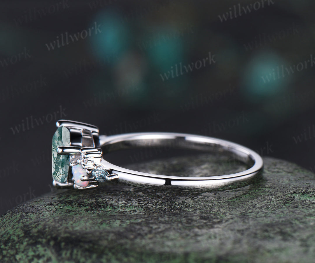 Pear cut moss agate ring vintage white gold cluster opal alexandrite ring women dainty unique engagement ring anniversary gift jewelry