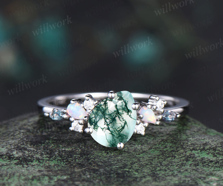 Pear cut moss agate ring vintage white gold cluster opal alexandrite ring women dainty unique engagement ring anniversary gift jewelry