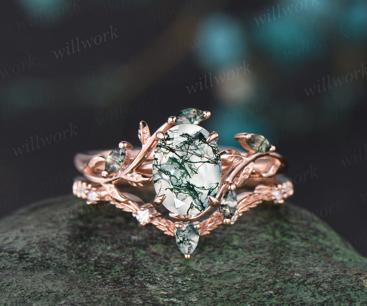 Nature Inspired Oval Cut Moss Agate Engagement Ring Set & Solitaire Moss Agate Brushed Men Wedding Band Unique Couple Ring Set