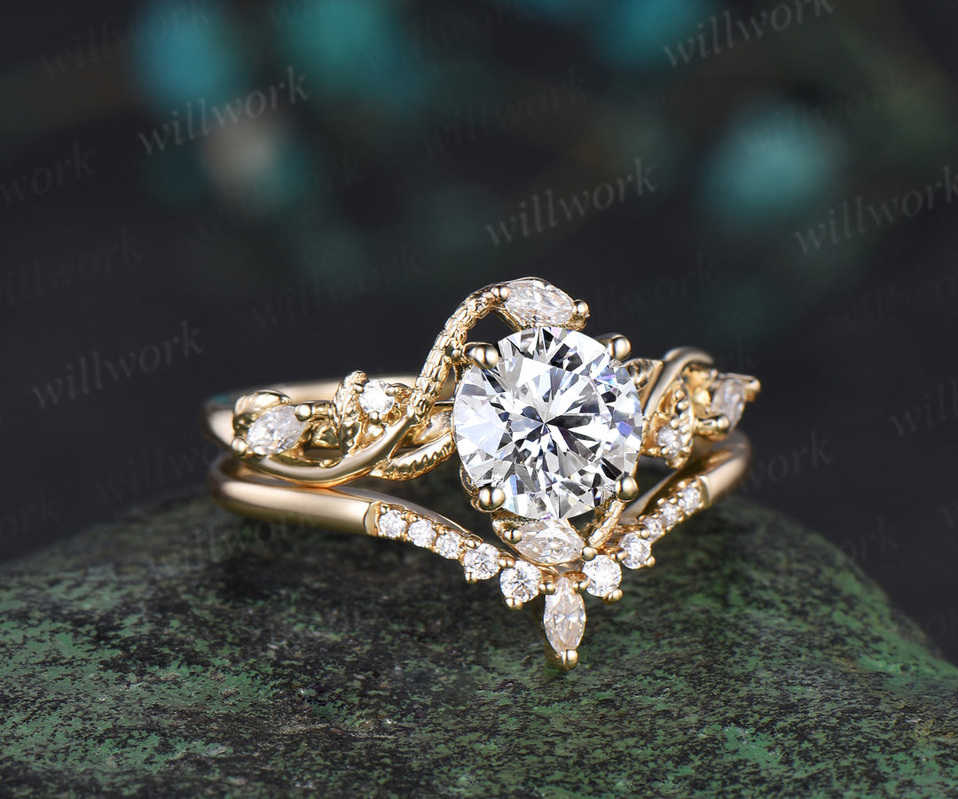 Round cut Lab grown diamond engagement ring solid 14k 18k yellow gold Snake unique wedding promise ring set women