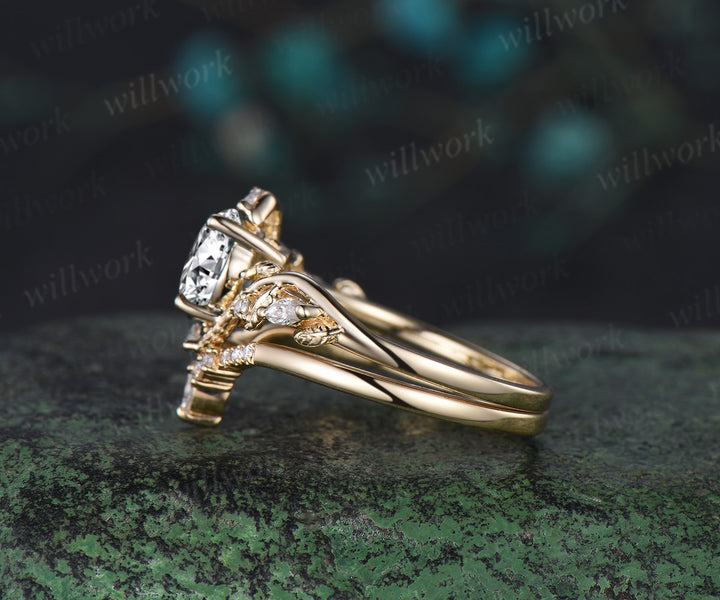 Round cut Lab grown diamond engagement ring solid 14k 18k yellow gold Snake unique wedding promise ring set women