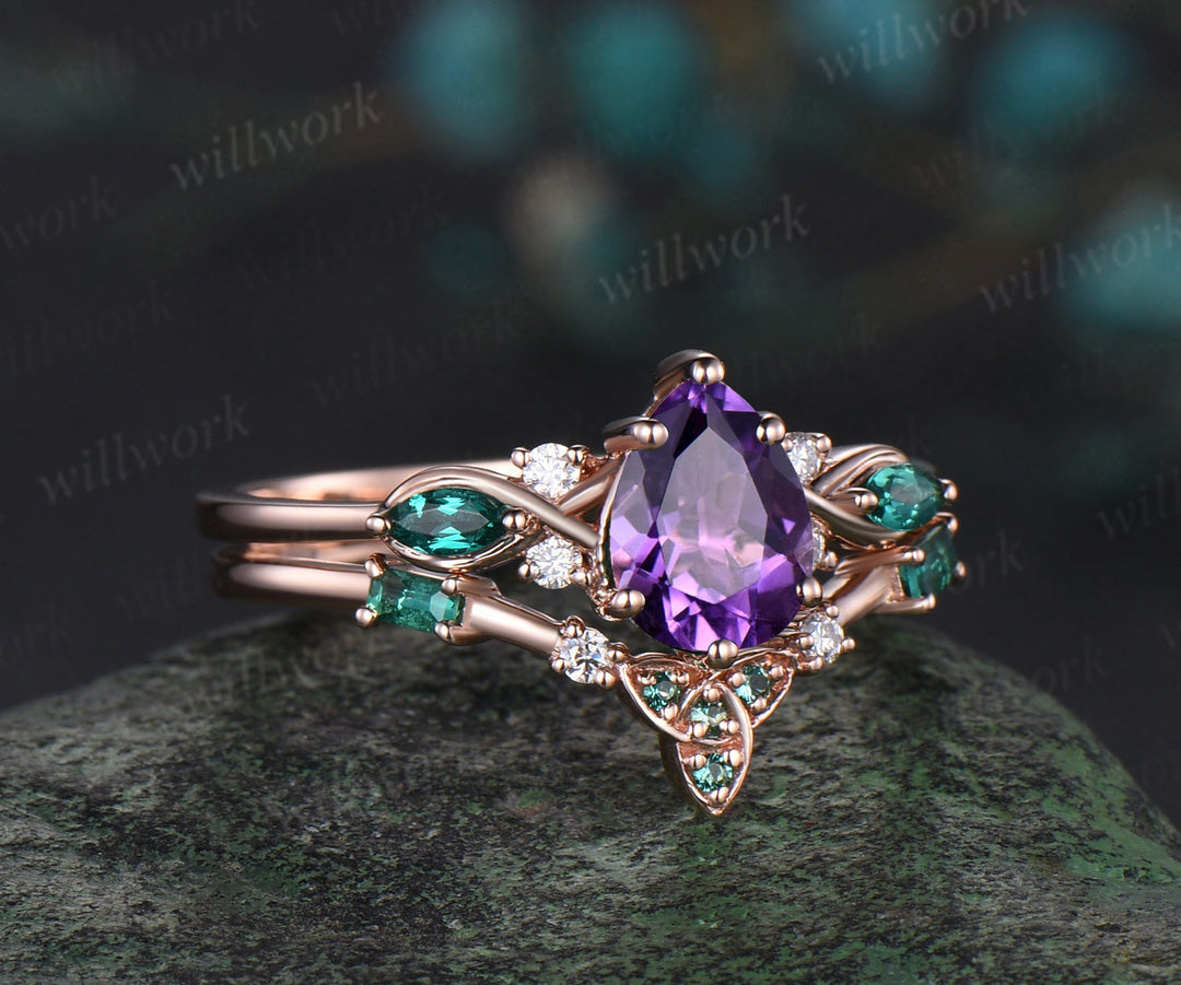 Pear purple amethyst engagement ring rose gold infinity twisted Celtic knot Baguette cut emerald February birthstone ring women gift