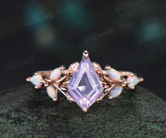 Unique kite cut natural lavender amethyst engagement ring leaf split shank cluster opal ring 14k rose gold antique promise wedding ring