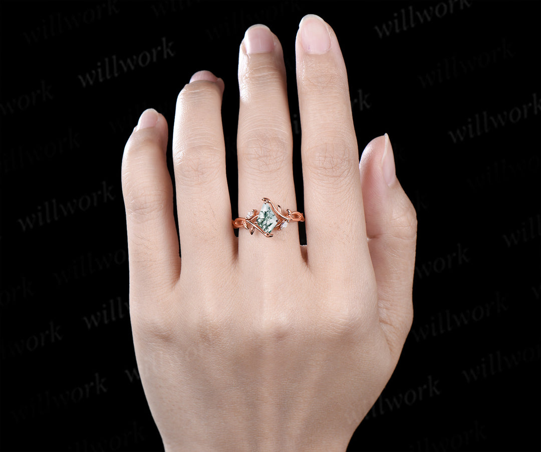 Kite/Coffin/Heart/Princess/Hexagon Cut Nature Inspired Twig Natural Green Moss Agate Engagement Ring Twisted Infinity Promise Ring Anniversary gift