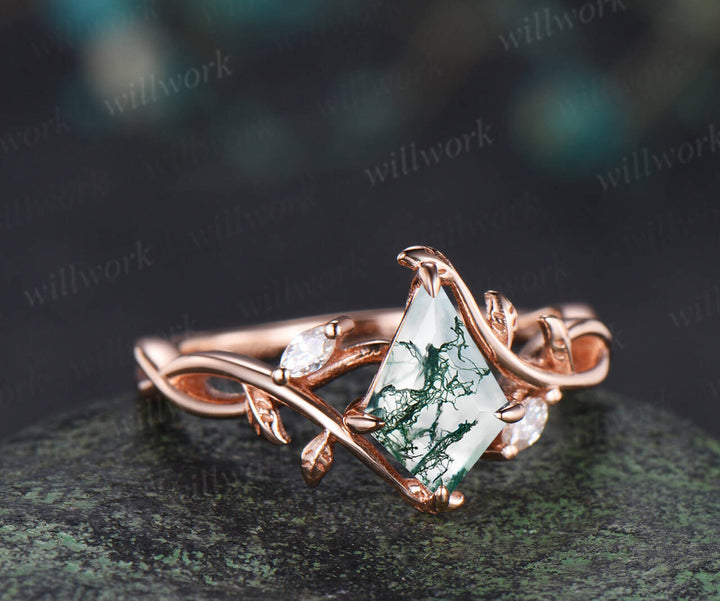 Kite/Coffin/Heart/Princess/Hexagon Cut Nature Inspired Twig Natural Green Moss Agate Engagement Ring Twisted Infinity Promise Ring Anniversary gift