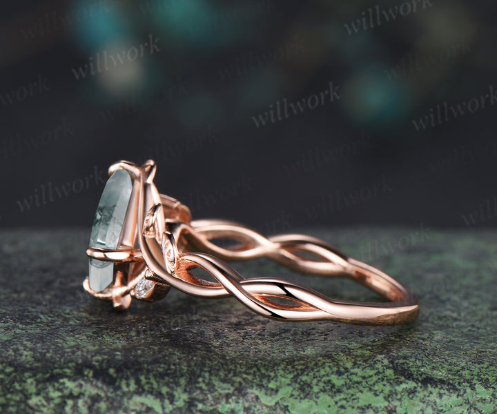 Kite/Coffin/Heart/Princess/Hexagon Cut Nature Inspired Twig Natural Green Moss Agate Engagement Ring Twisted Infinity Promise Ring Anniversary gift
