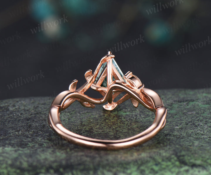 Kite/Coffin/Heart/Princess/Hexagon Cut Nature Inspired Twig Natural Green Moss Agate Engagement Ring Twisted Infinity Promise Ring Anniversary gift
