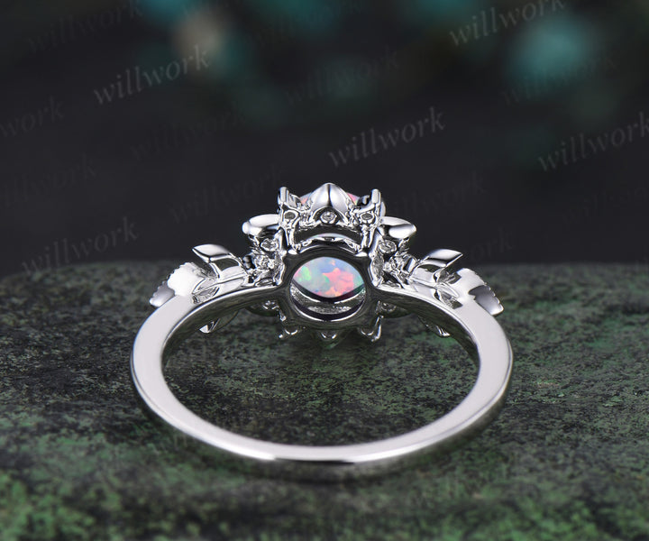 Round opal engagement ring cluster floral alexandrite ring moon halo diamond wedding ring women 14k white gold anniversary gift