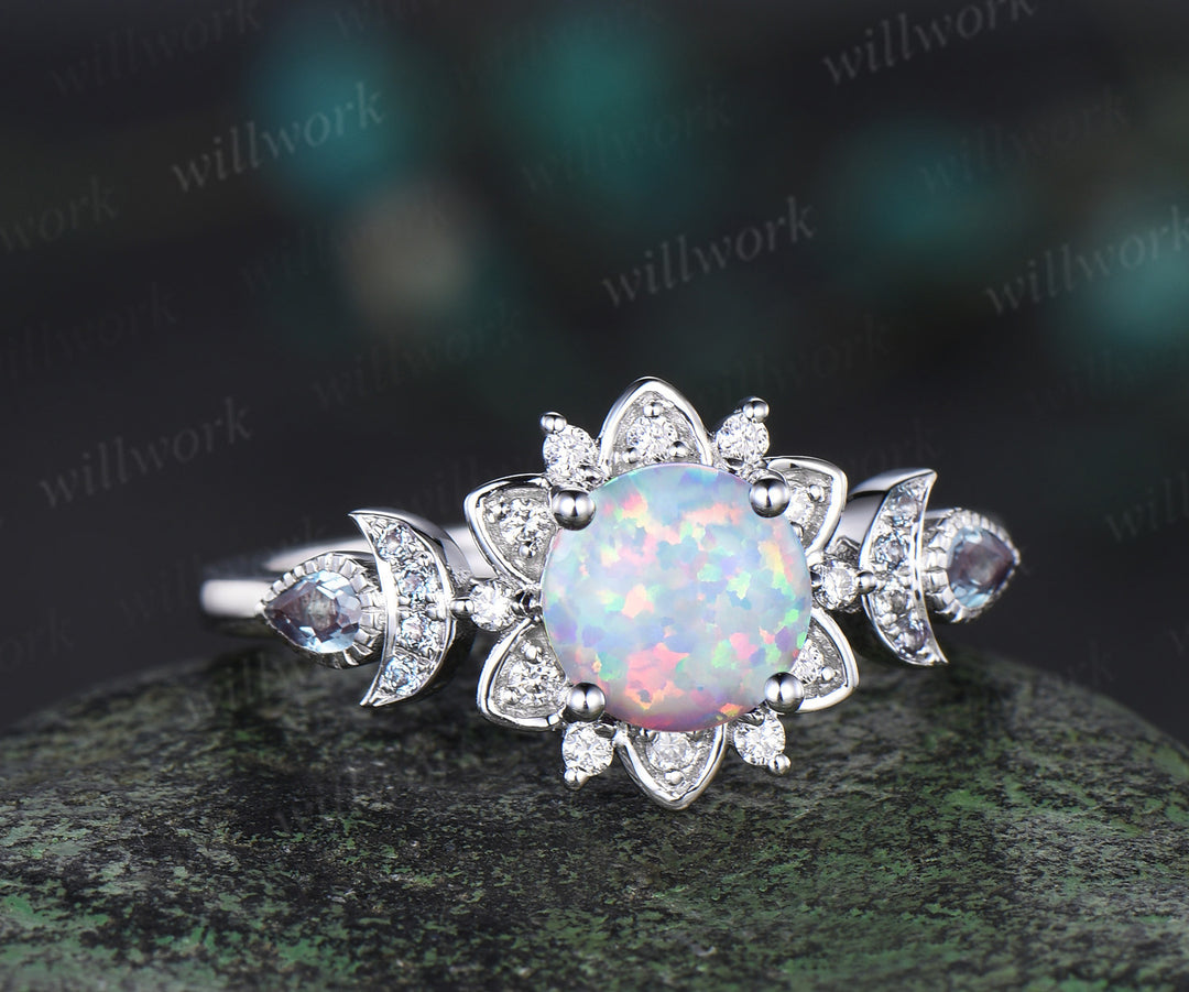 Round opal engagement ring cluster floral alexandrite ring moon halo diamond wedding ring women 14k white gold anniversary gift