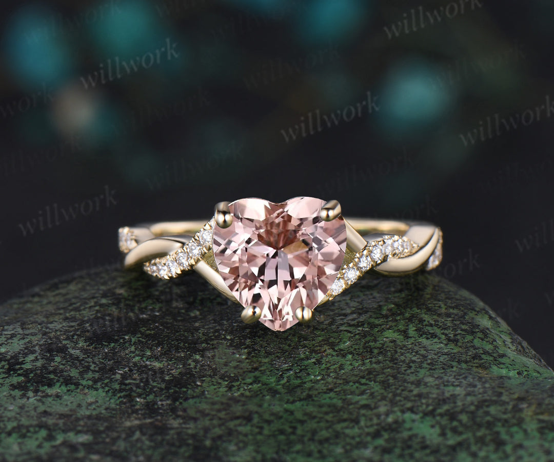 Vintage heart shaped morganite engagement ring solid 14k yellow