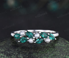 Vintage marquise emerald wedding band pearl cluster stackable ring unique matching band May birthstone ring