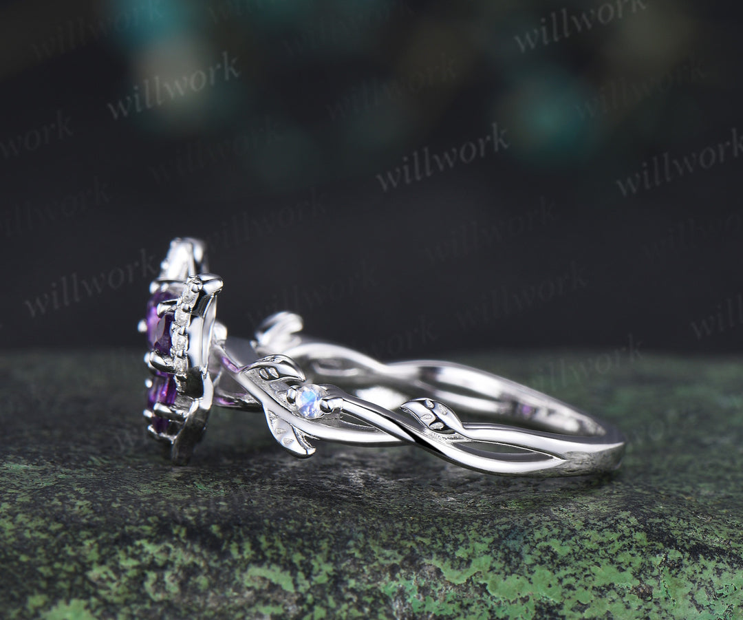 Butterfly pear purple amethyst engagement ring vintage moonstone nature inspired leaf bridal wedding ring