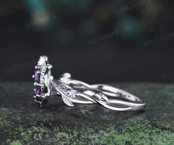 Butterfly pear purple amethyst engagement ring vintage moonstone nature inspired leaf bridal wedding ring