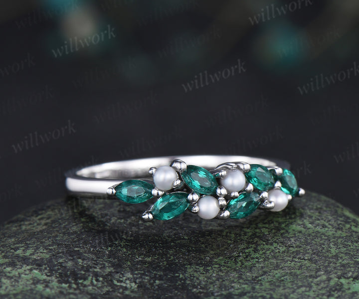 Vintage marquise emerald wedding band pearl cluster stackable ring unique matching band May birthstone ring