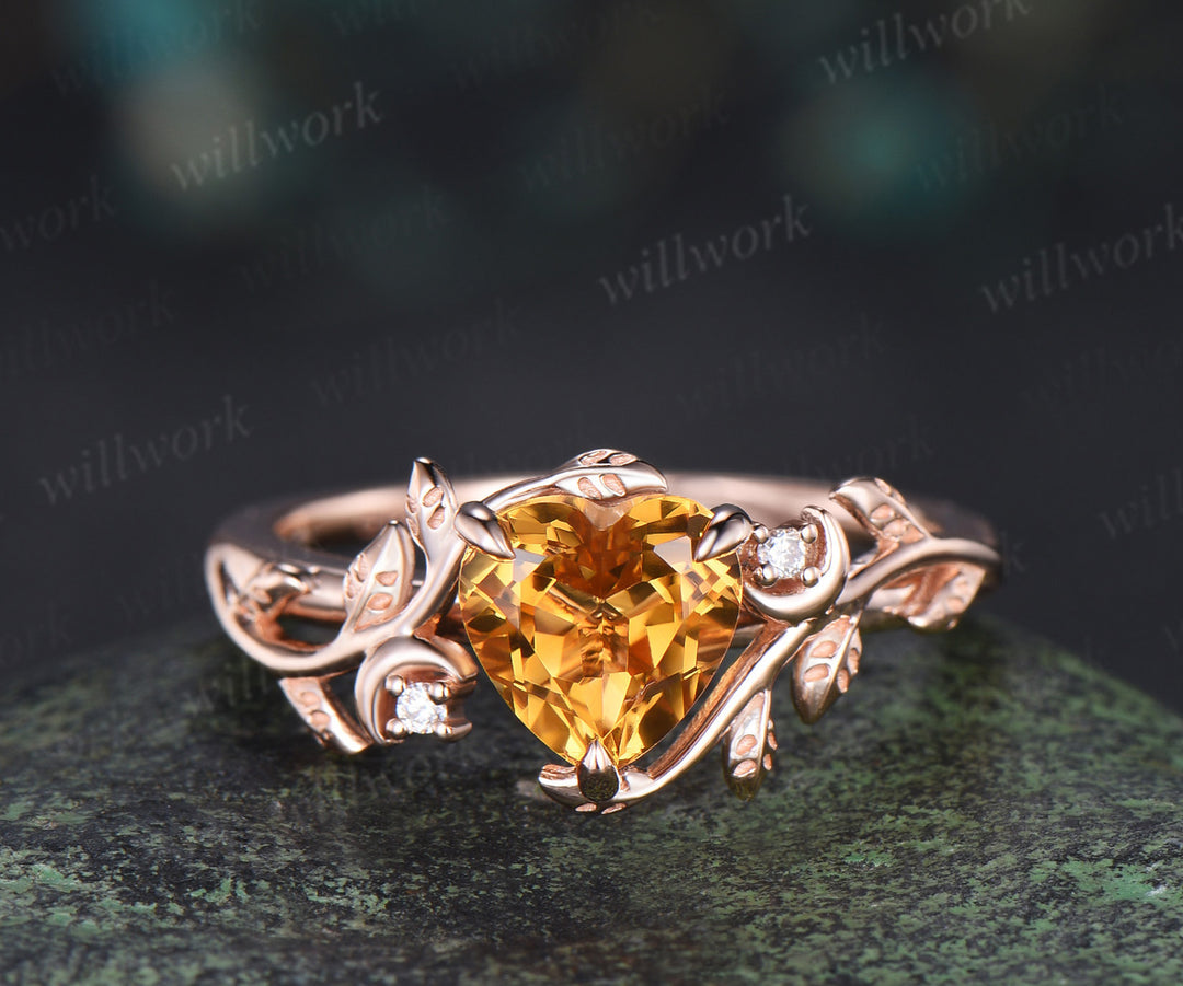 Heart shaped yellow citrine engagement ring rose gold twig leaf Nature inspired moon diamond anniversary ring women gift