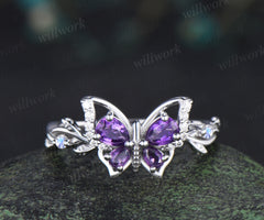 Butterfly pear purple amethyst engagement ring vintage moonstone nature inspired leaf bridal wedding ring