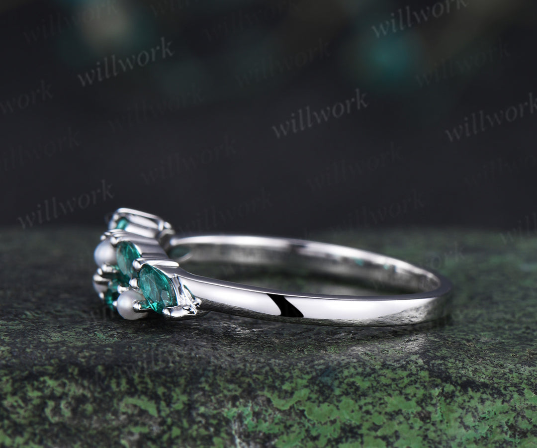 Vintage marquise emerald wedding band pearl cluster stackable ring unique matching band May birthstone ring